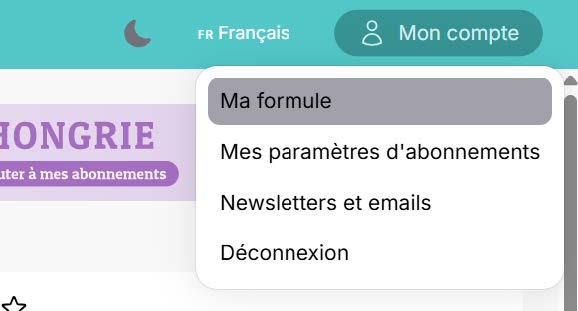 Menu déroulant Mon compte — sélection de l'onglet Ma formule