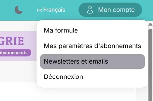 Menu déroulant Mon compte — sélection de la rubrique Newsletters et emails