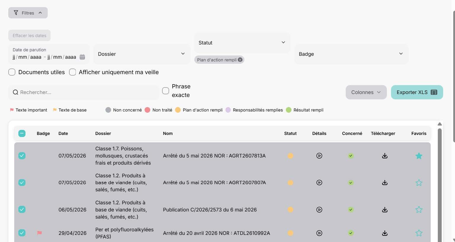 Vue d'ensemble du tableau de bord de filtrage et d'extraction au format XLS